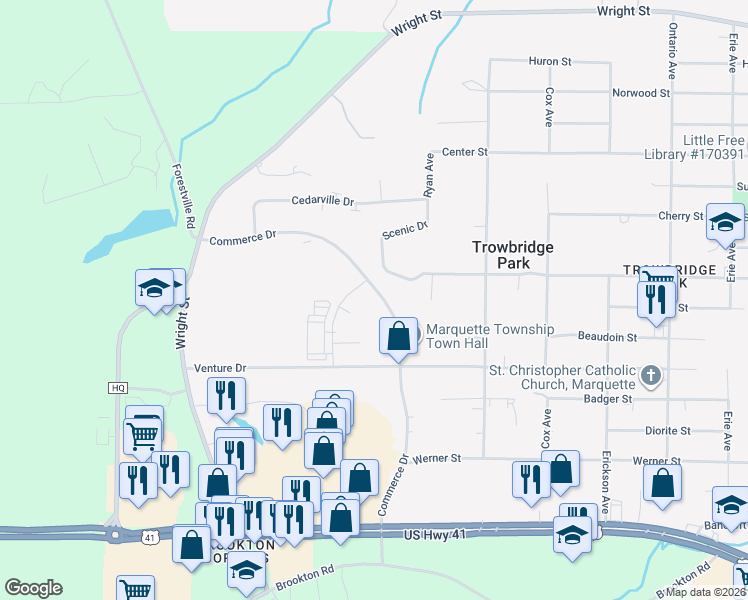 map of restaurants, bars, coffee shops, grocery stores, and more near 1075 Commerce Drive in Marquette