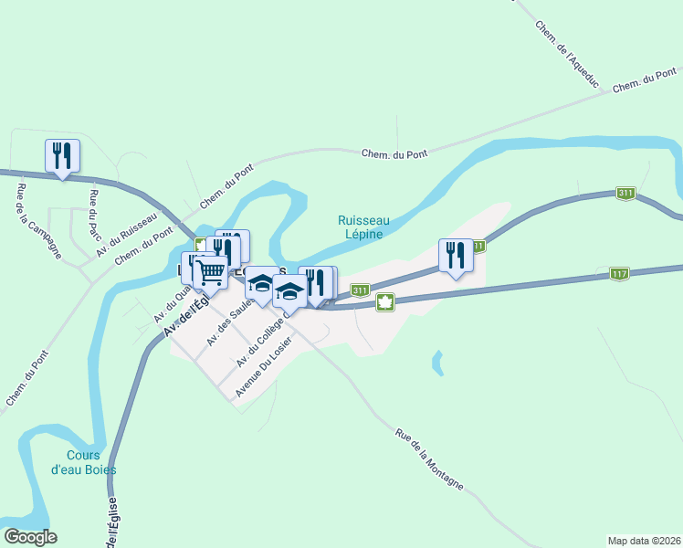 map of restaurants, bars, coffee shops, grocery stores, and more near Québec 311 in Lac-des-Écorces