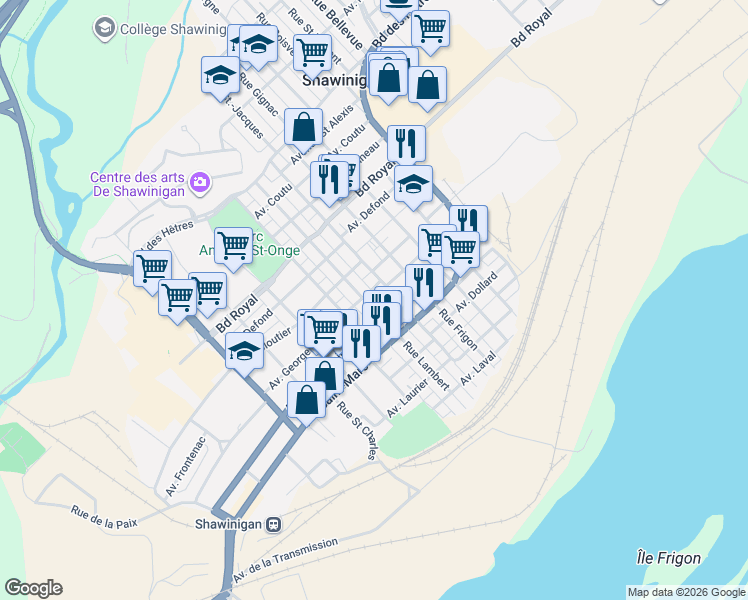 map of restaurants, bars, coffee shops, grocery stores, and more near Rue Lambert in Shawinigan