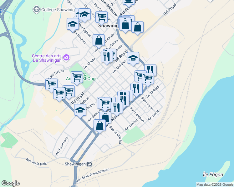map of restaurants, bars, coffee shops, grocery stores, and more near Rue Lambert in Shawinigan