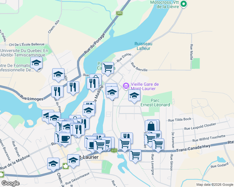map of restaurants, bars, coffee shops, grocery stores, and more near 736 Rue Vaudreuil in Mont-Laurier