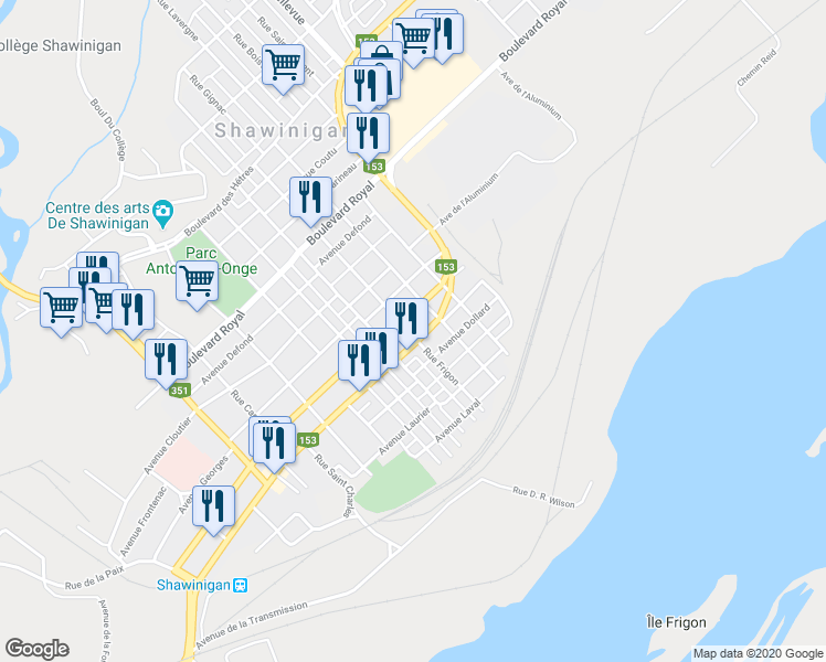 map of restaurants, bars, coffee shops, grocery stores, and more near 832 Rue Frigon in Shawinigan