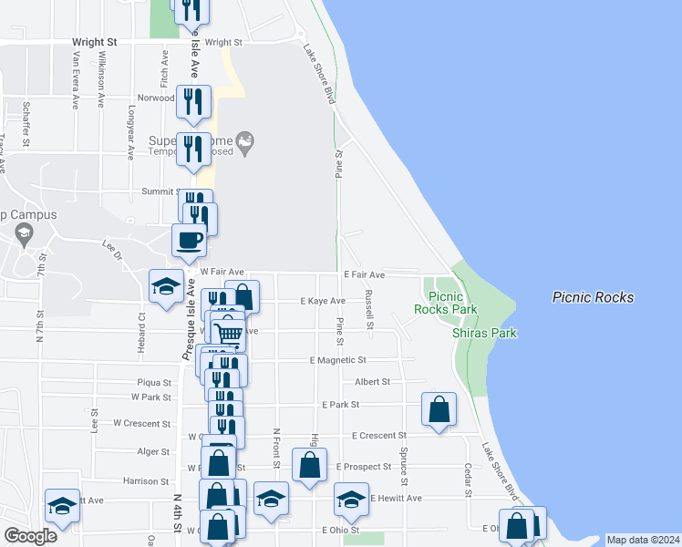 map of restaurants, bars, coffee shops, grocery stores, and more near 306 East Fair Avenue in Marquette