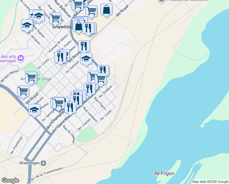 map of restaurants, bars, coffee shops, grocery stores, and more near 2726 Avenue Saint - Jean in Shawinigan