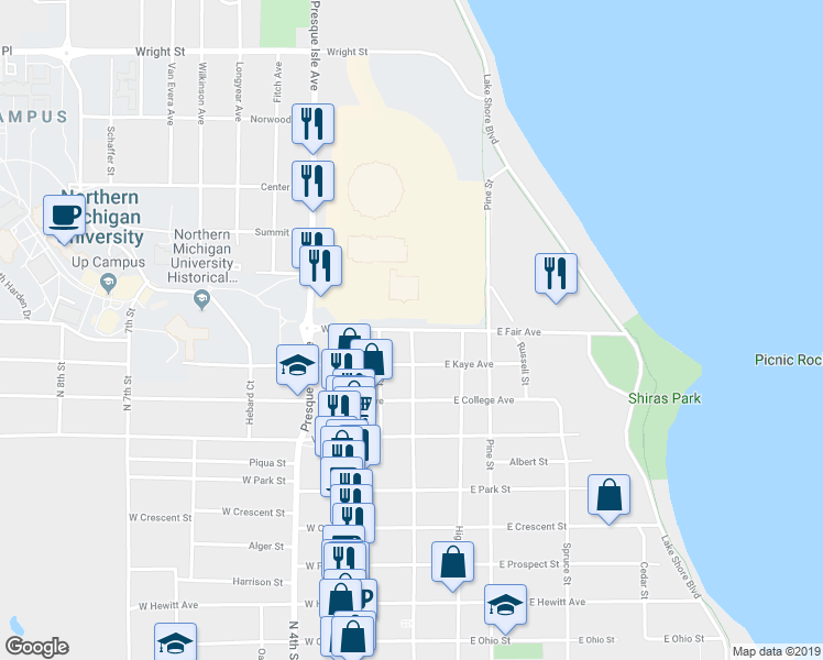 map of restaurants, bars, coffee shops, grocery stores, and more near 2 West Fair Avenue in Marquette