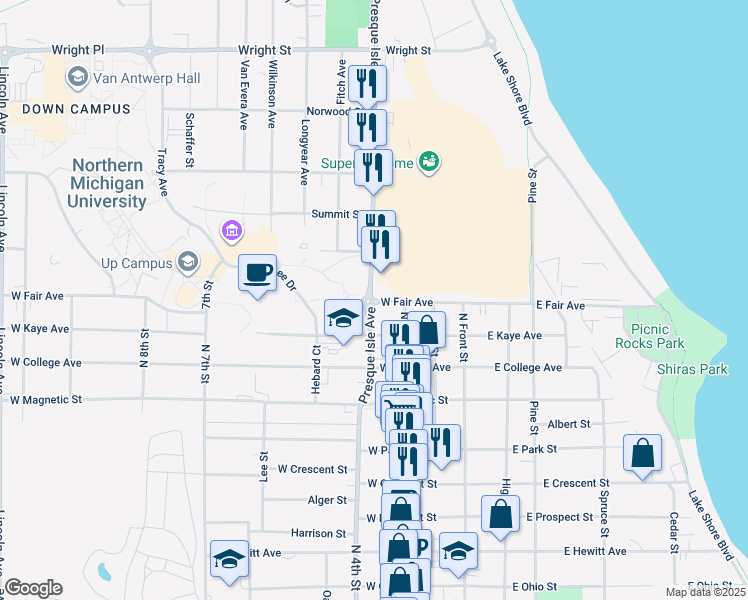 map of restaurants, bars, coffee shops, grocery stores, and more near 1401 Presque Isle Avenue in Marquette