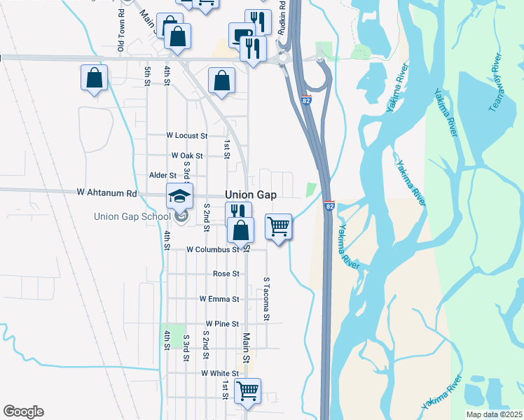 map of restaurants, bars, coffee shops, grocery stores, and more near 95-101 East Ahtanum Road in Union Gap