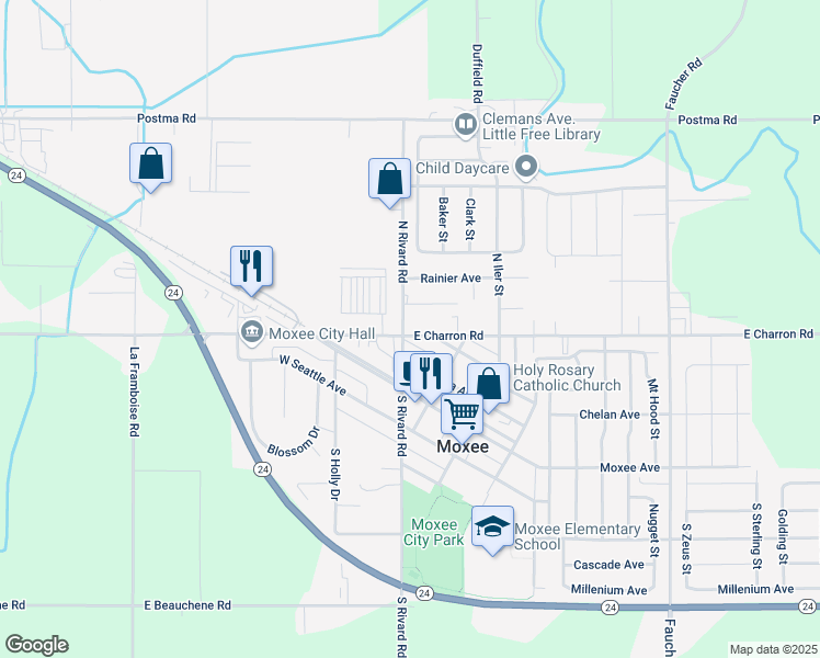 map of restaurants, bars, coffee shops, grocery stores, and more near 101 E Charron Rd in Moxee