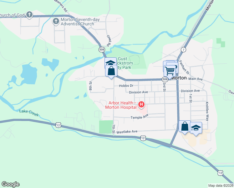 map of restaurants, bars, coffee shops, grocery stores, and more near 180 6th Street in Morton