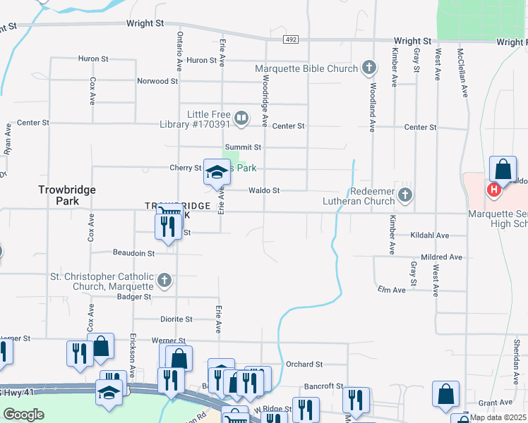 map of restaurants, bars, coffee shops, grocery stores, and more near 1100 Woodridge Avenue in Marquette