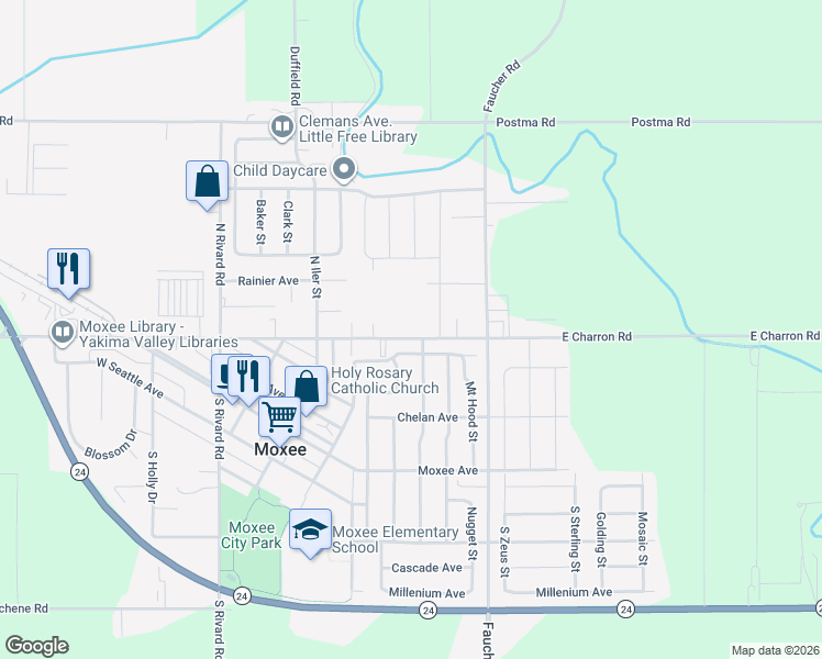 map of restaurants, bars, coffee shops, grocery stores, and more near 509 E Charron Rd in Moxee