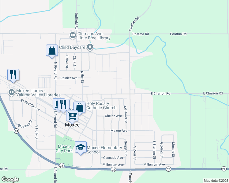 map of restaurants, bars, coffee shops, grocery stores, and more near 509 E Charron Rd in Moxee