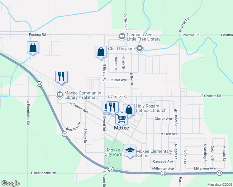 map of restaurants, bars, coffee shops, grocery stores, and more near 111 E Charron Rd in Moxee