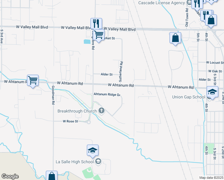 map of restaurants, bars, coffee shops, grocery stores, and more near 1211 Ahtanum Ridge Drive in Union Gap