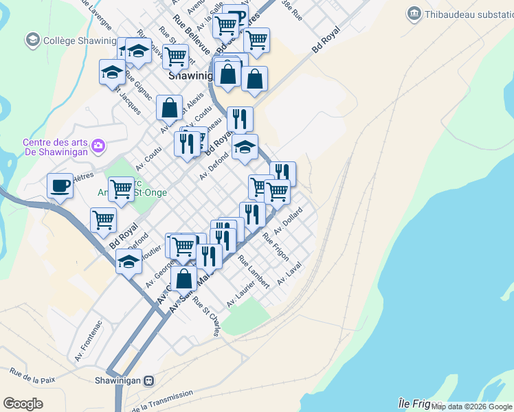 map of restaurants, bars, coffee shops, grocery stores, and more near 2575 Avenue Champlain in Shawinigan