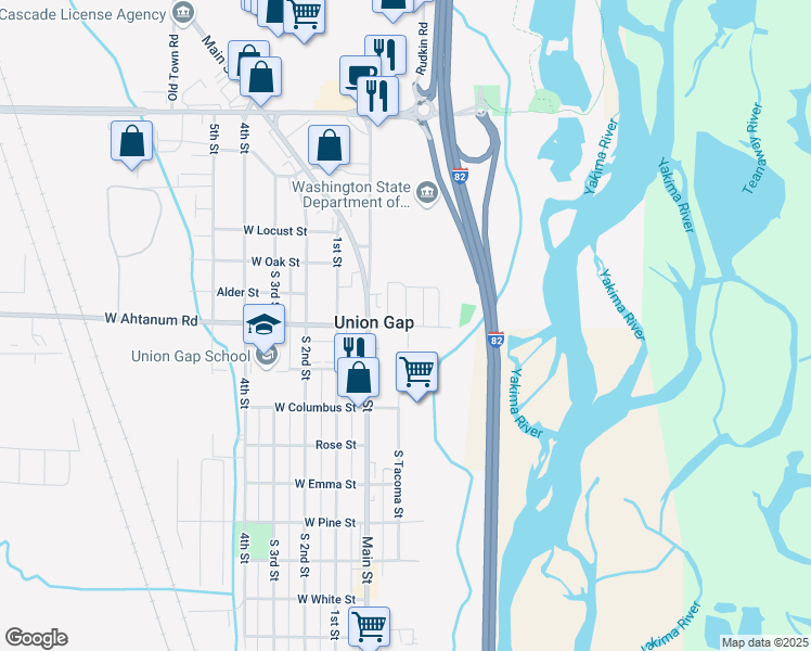 map of restaurants, bars, coffee shops, grocery stores, and more near 101 East Ahtanum Road in Union Gap