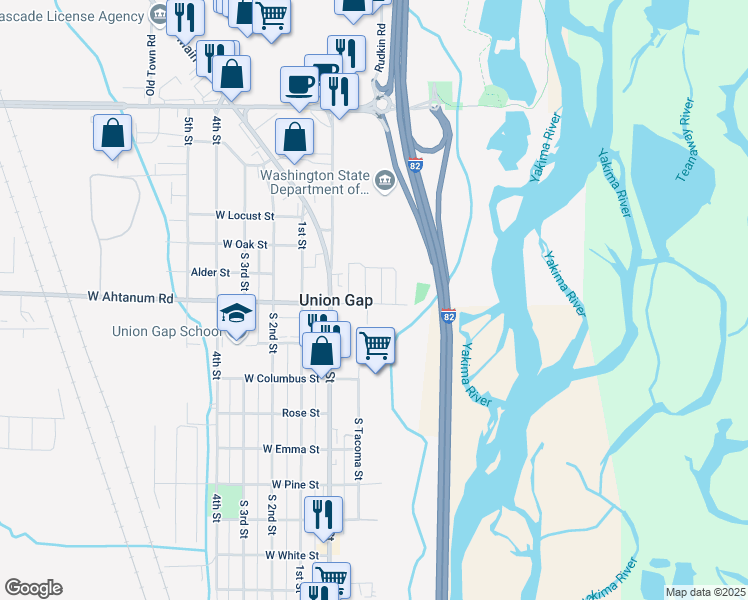 map of restaurants, bars, coffee shops, grocery stores, and more near 95-101 East Ahtanum Road in Union Gap