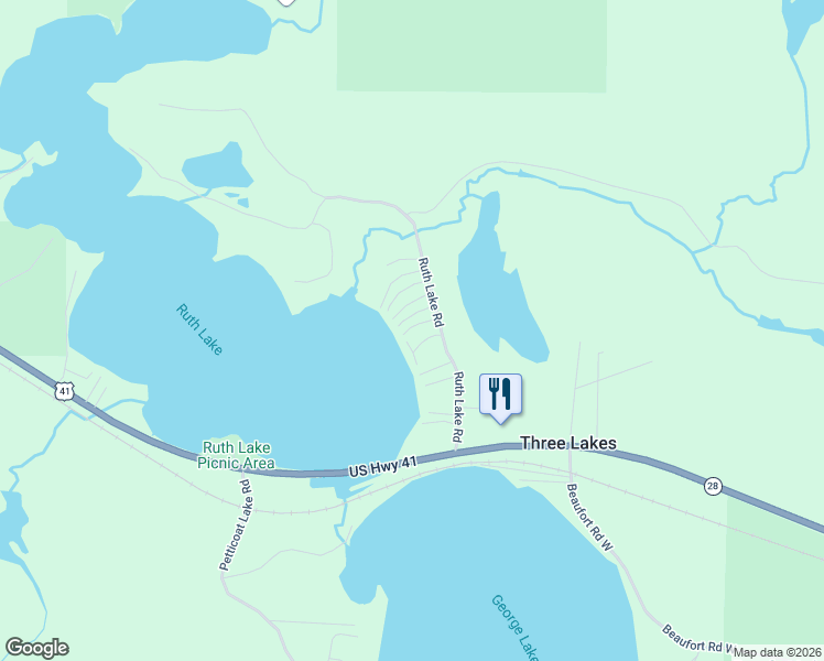 map of restaurants, bars, coffee shops, grocery stores, and more near Lake Ruth Road in Baraga County