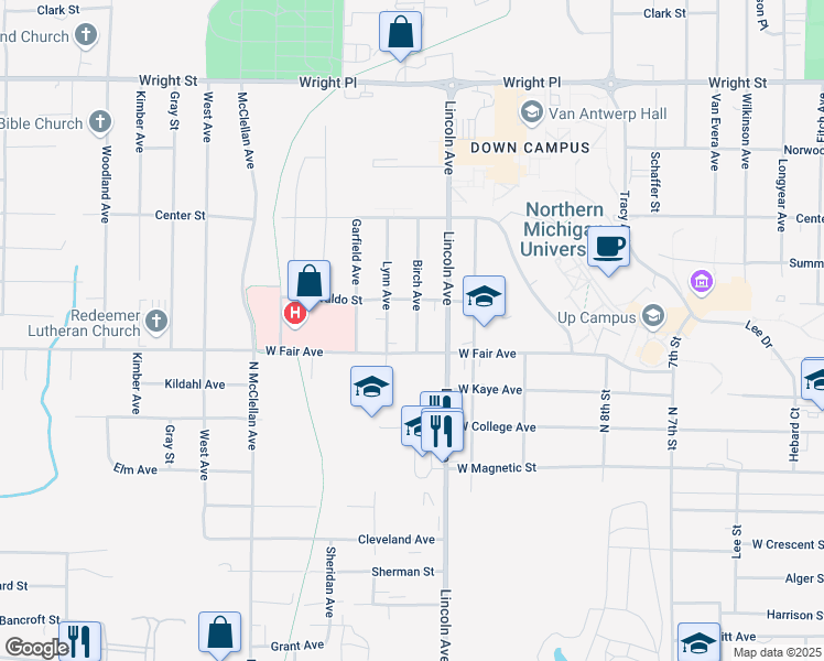 map of restaurants, bars, coffee shops, grocery stores, and more near 1447 Birch Avenue in Marquette