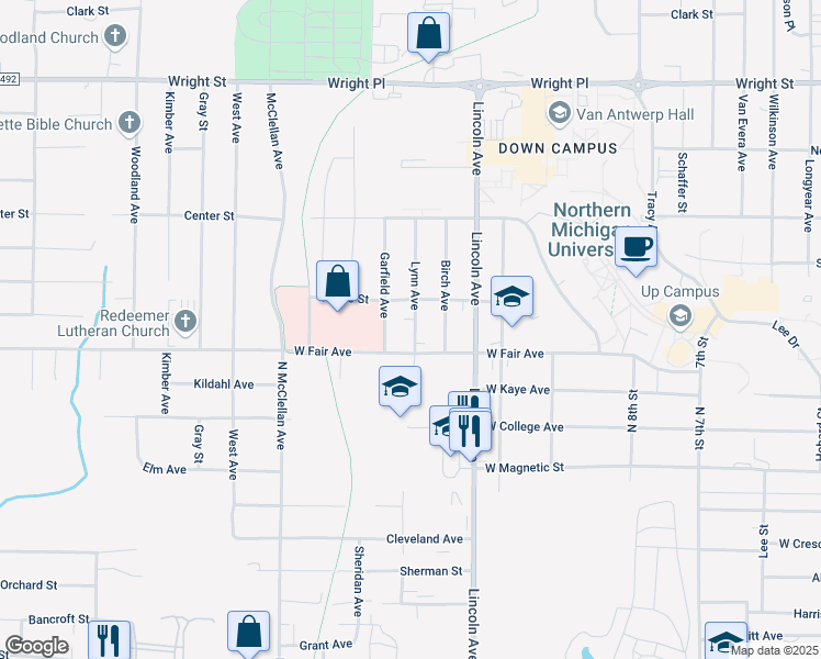 map of restaurants, bars, coffee shops, grocery stores, and more near 1445 Lynn Avenue in Marquette
