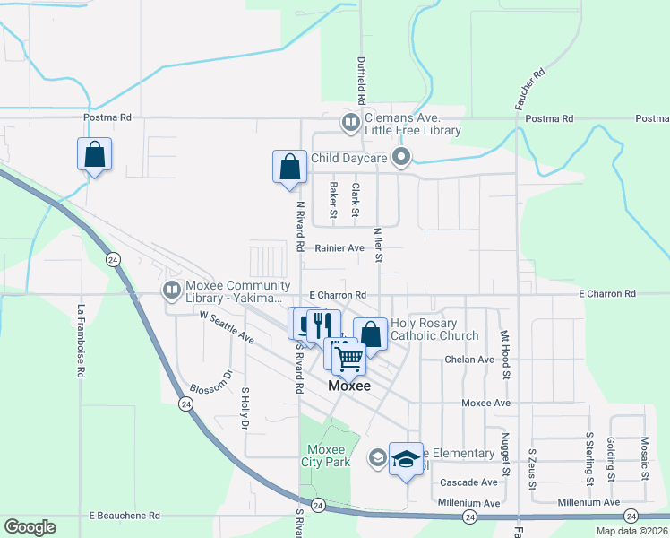 map of restaurants, bars, coffee shops, grocery stores, and more near 111 E Charron Rd in Moxee