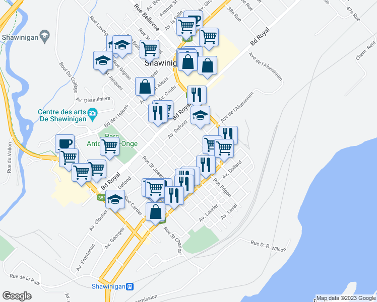 map of restaurants, bars, coffee shops, grocery stores, and more near Rue Frigon in Shawinigan