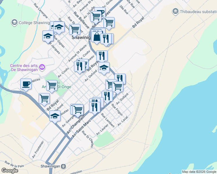 map of restaurants, bars, coffee shops, grocery stores, and more near Avenue Georges in Shawinigan