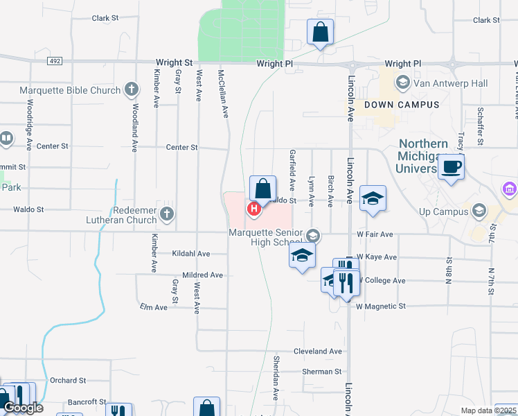 map of restaurants, bars, coffee shops, grocery stores, and more near 1414 West Fair Avenue in Marquette