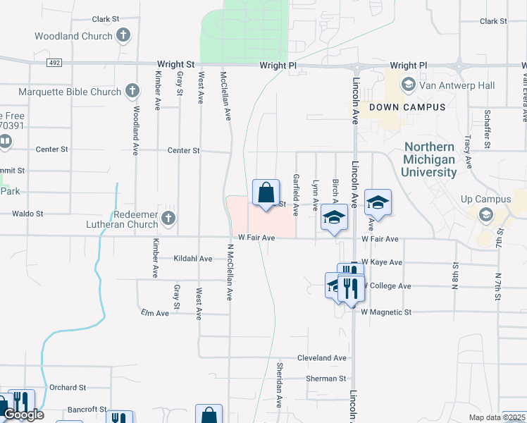 map of restaurants, bars, coffee shops, grocery stores, and more near 1400 Waldo Street in Marquette