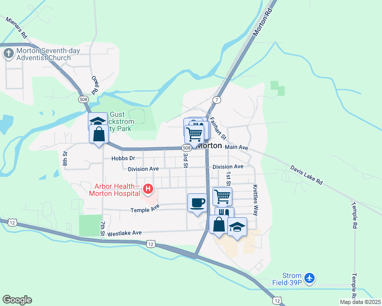 map of restaurants, bars, coffee shops, grocery stores, and more near 105 3rd Street in Morton