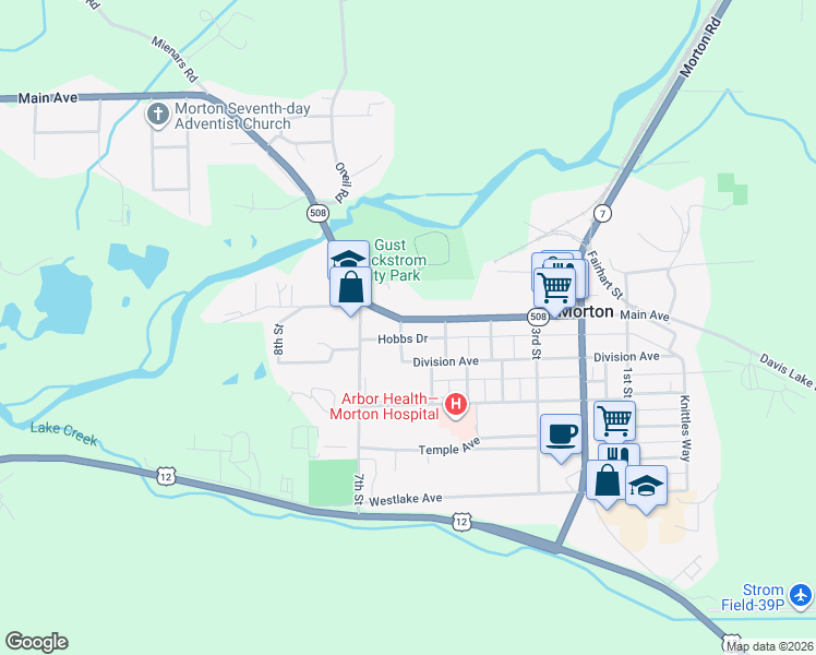 map of restaurants, bars, coffee shops, grocery stores, and more near 570 Main Avenue in Morton