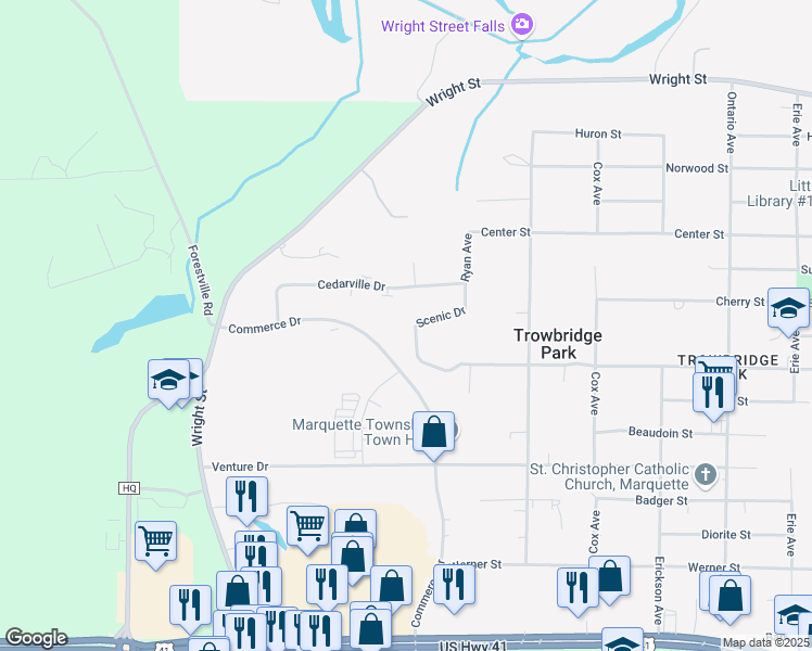 map of restaurants, bars, coffee shops, grocery stores, and more near 2732 Scenic Drive in Marquette