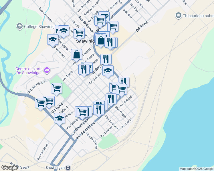 map of restaurants, bars, coffee shops, grocery stores, and more near Rue Gigaire in Shawinigan