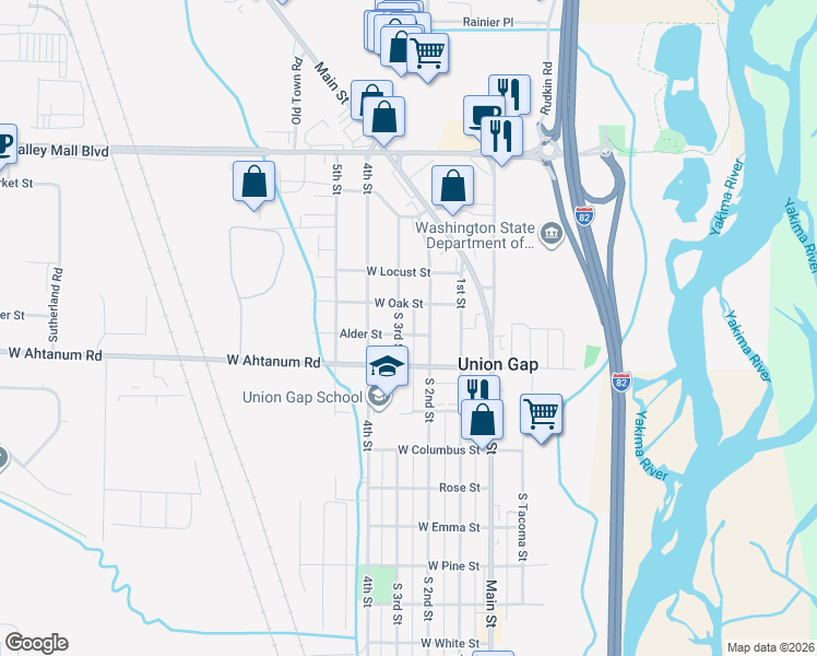 map of restaurants, bars, coffee shops, grocery stores, and more near 2905 3rd St in Union Gap
