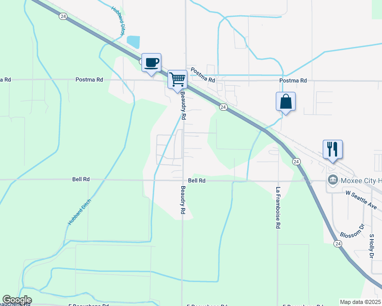 map of restaurants, bars, coffee shops, grocery stores, and more near 2801 Beaudry Rd in Moxee