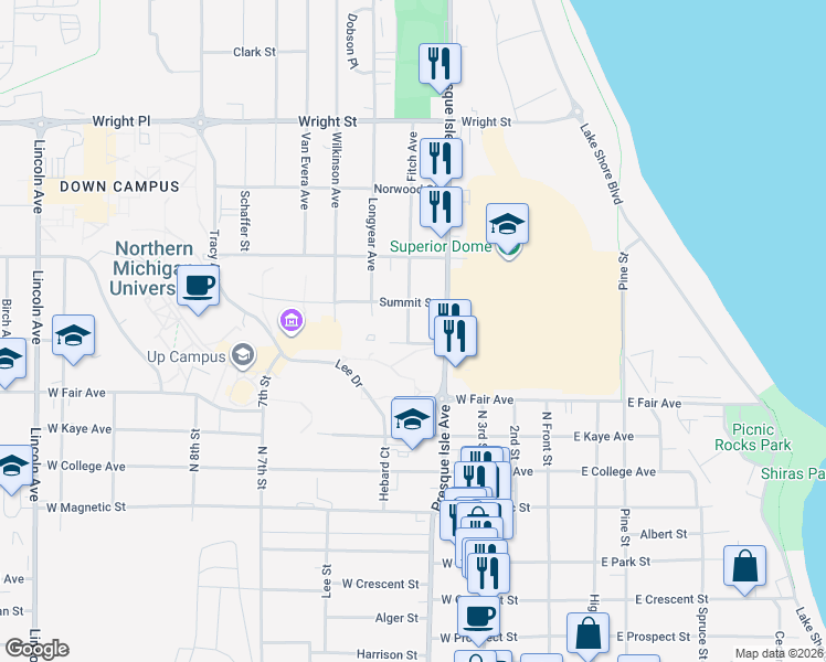 map of restaurants, bars, coffee shops, grocery stores, and more near 1530 Fitch Avenue in Marquette