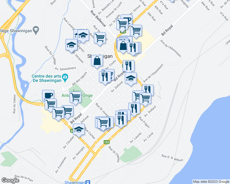 map of restaurants, bars, coffee shops, grocery stores, and more near 1275 Rue Frigon in Shawinigan