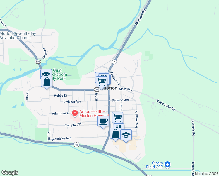 map of restaurants, bars, coffee shops, grocery stores, and more near in Morton