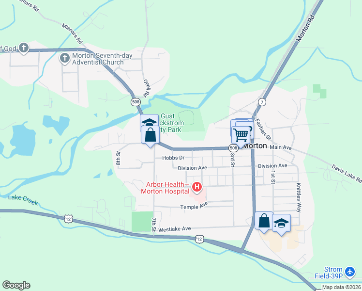 map of restaurants, bars, coffee shops, grocery stores, and more near 570 Main Avenue in Morton