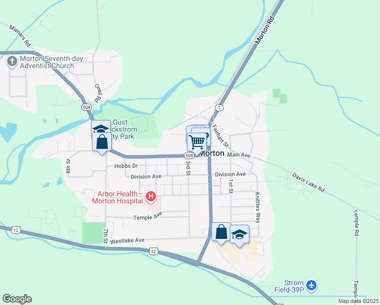 map of restaurants, bars, coffee shops, grocery stores, and more near 105 3rd Street in Morton