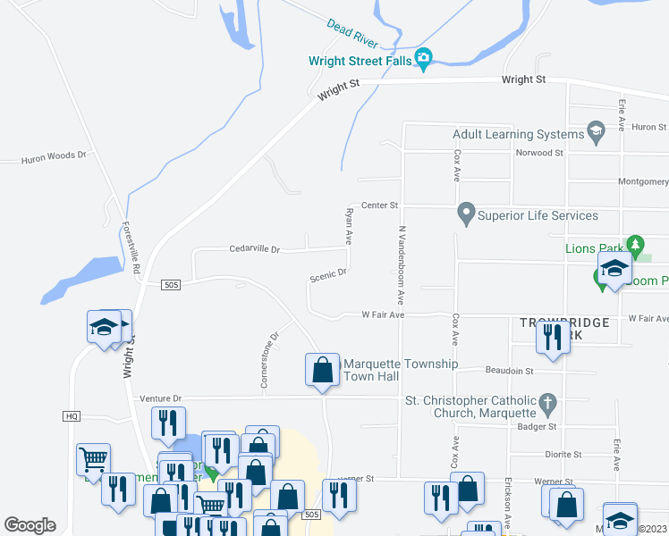 map of restaurants, bars, coffee shops, grocery stores, and more near 2722 Scenic Drive in Marquette