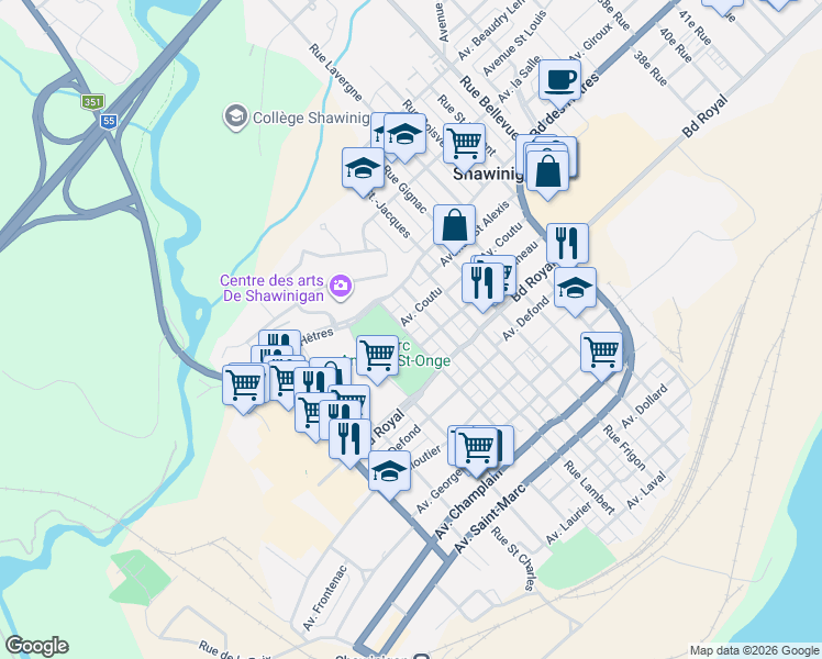map of restaurants, bars, coffee shops, grocery stores, and more near 1566 Rue Saint Joseph in Shawinigan