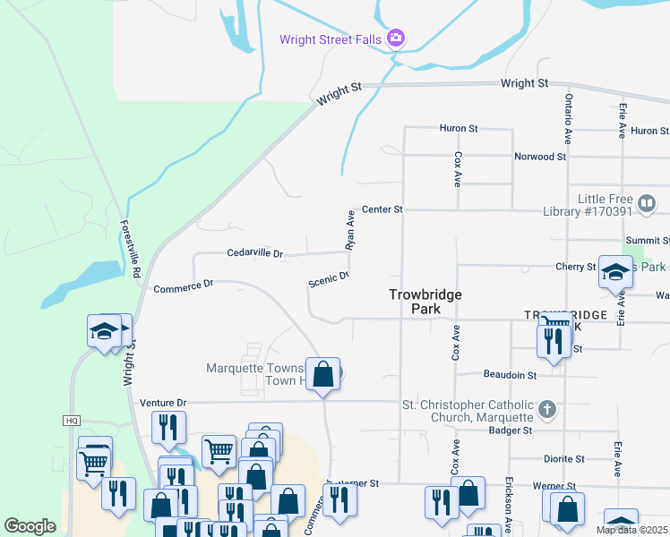 map of restaurants, bars, coffee shops, grocery stores, and more near 2722 Scenic Drive in Marquette