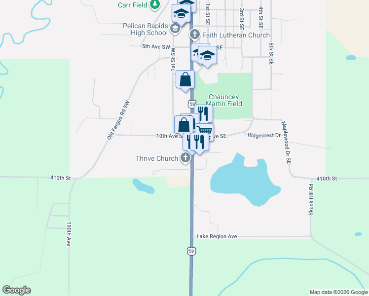 map of restaurants, bars, coffee shops, grocery stores, and more near 1098 S Broadway in Pelican Rapids