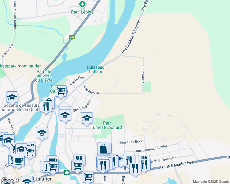 map of restaurants, bars, coffee shops, grocery stores, and more near 590 Rue Iberville in Mont-Laurier