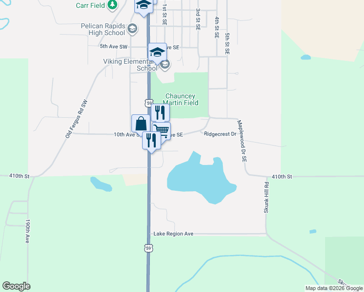 map of restaurants, bars, coffee shops, grocery stores, and more near 109 11th Avenue Southeast in Pelican Rapids