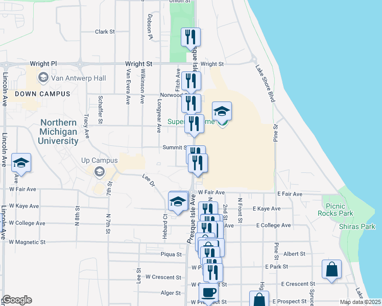 map of restaurants, bars, coffee shops, grocery stores, and more near 1525 Presque Isle Avenue in Marquette