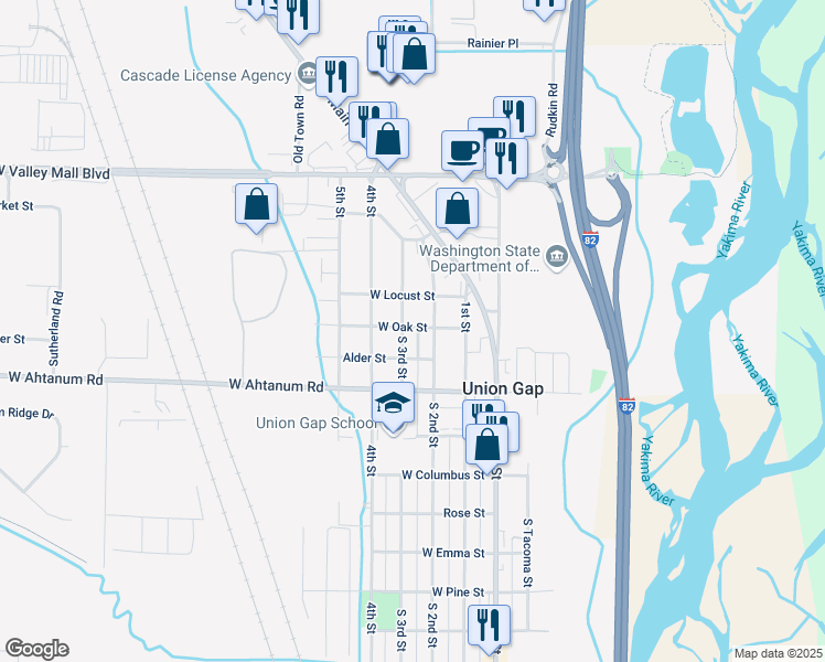 map of restaurants, bars, coffee shops, grocery stores, and more near 2905 3rd St in Union Gap