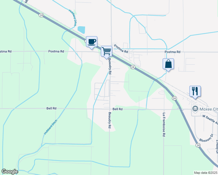 map of restaurants, bars, coffee shops, grocery stores, and more near 2801 Beaudry Rd in Moxee