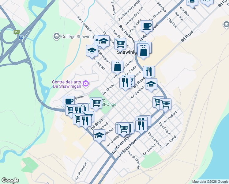 map of restaurants, bars, coffee shops, grocery stores, and more near 2335 Avenue Marineau in Shawinigan